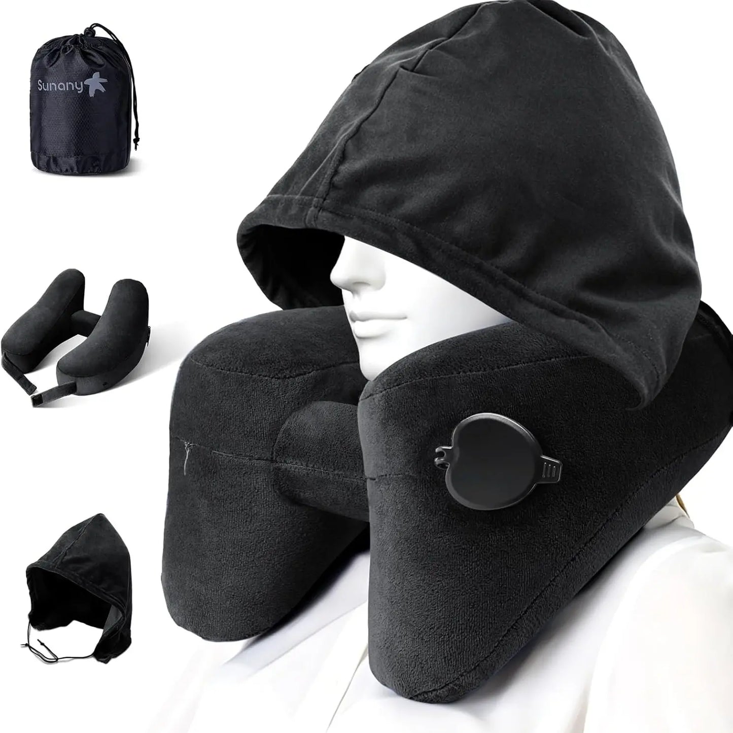 Sunany Ergonomic Inflatable Travel Neck Pillow with Hood - Ideal for Long Flights and Road Trips, Perfect for Office Naps, Grey