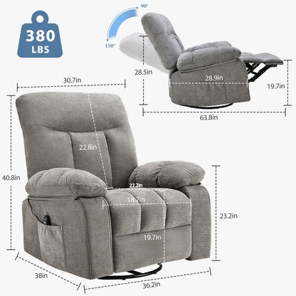 DUMOS Swivel Rocker Recliner Chair with Vibration Massage and Lumbar Heating, 270° Rotating Chenille Fabric Design with Footrest for Living Room and Bedroom