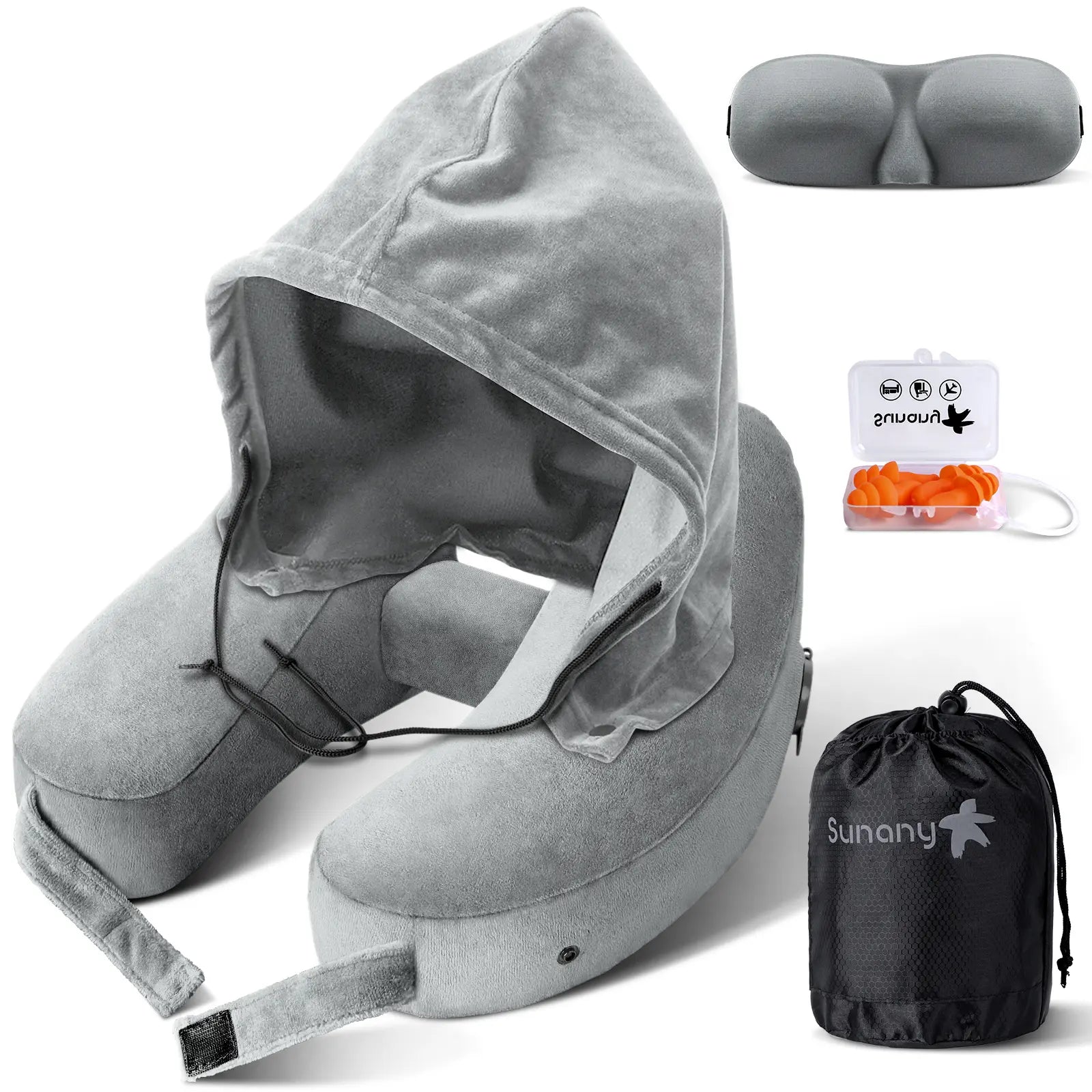 Sunany Ergonomic Inflatable Travel Neck Pillow with Hood - Ideal for Long Flights and Road Trips, Perfect for Office Naps, Grey