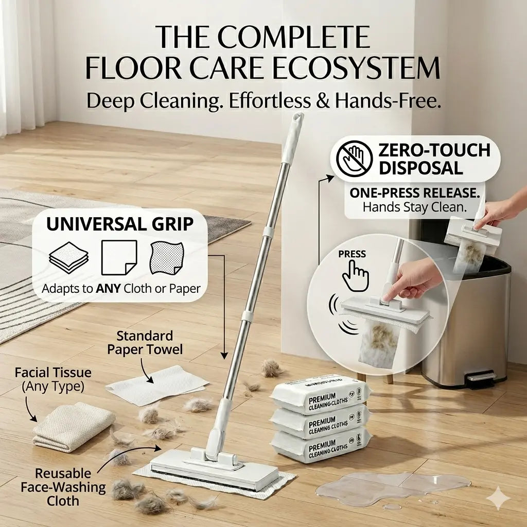 Hands-Free All-Purpose Lazymop: Ideal for Small Gaps, Cabinet and Glass Doors, and Ceilings with One-Touch Clamp for Wipes and Hygienic No-Touch Disposal. The Effortless and Versatile Cleaning Tool for a Spotless Home.