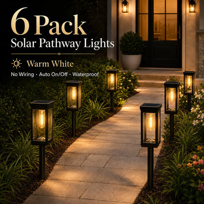 6-Pack Waterproof Solar Pathway Lights with Warm White Illumination, Automatic On/Off Function for Outdoor Walkways, Yards, Driveways, Patios, and Flower Beds