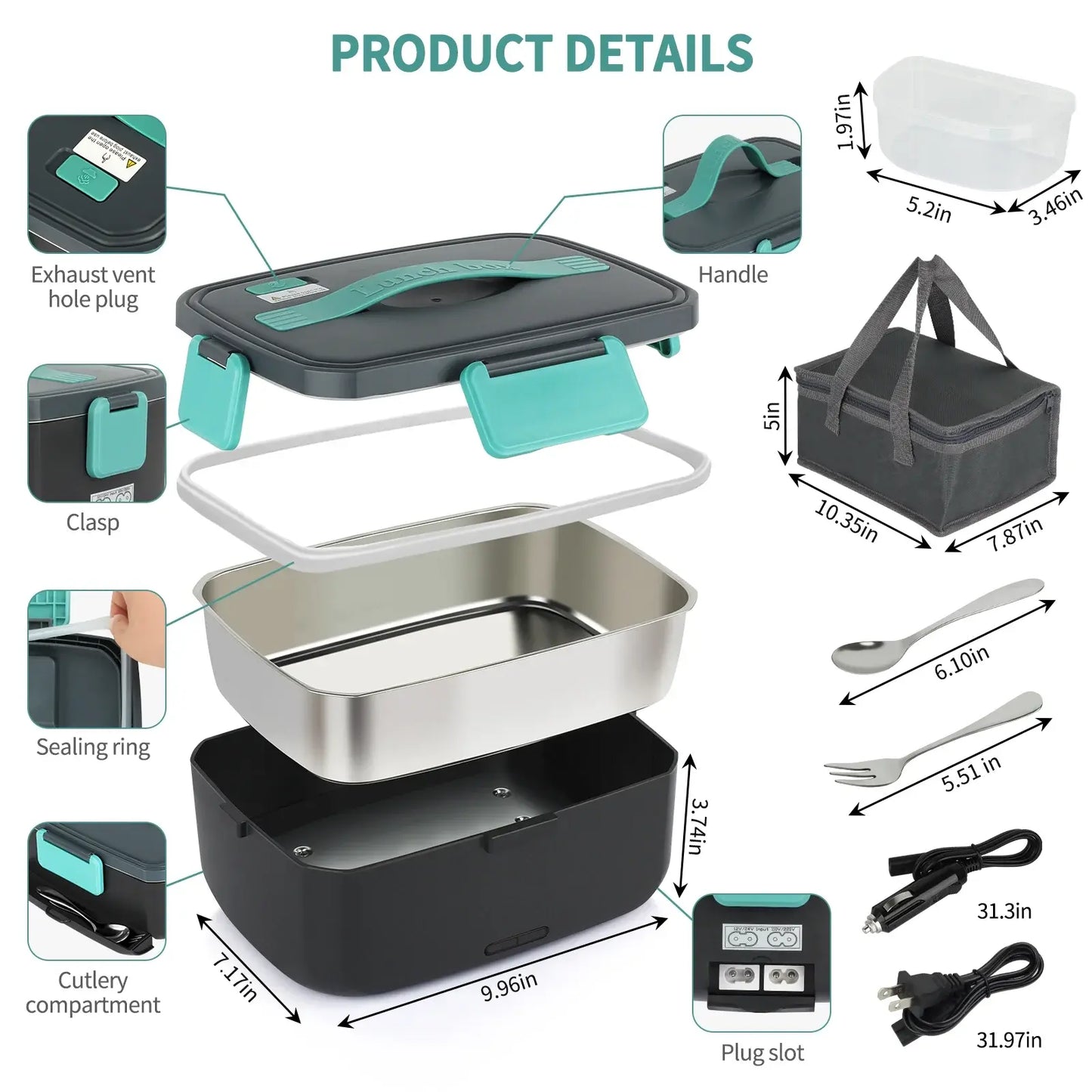 TOIAMOI 2L Portable Electric Lunch Box, 110V/12V Car & Home Dual Use, PTC Heating & 304 Stainless Steel, 90W Quick Food Warmer Heated Lunch Box, Leakproof Food Heater for Office