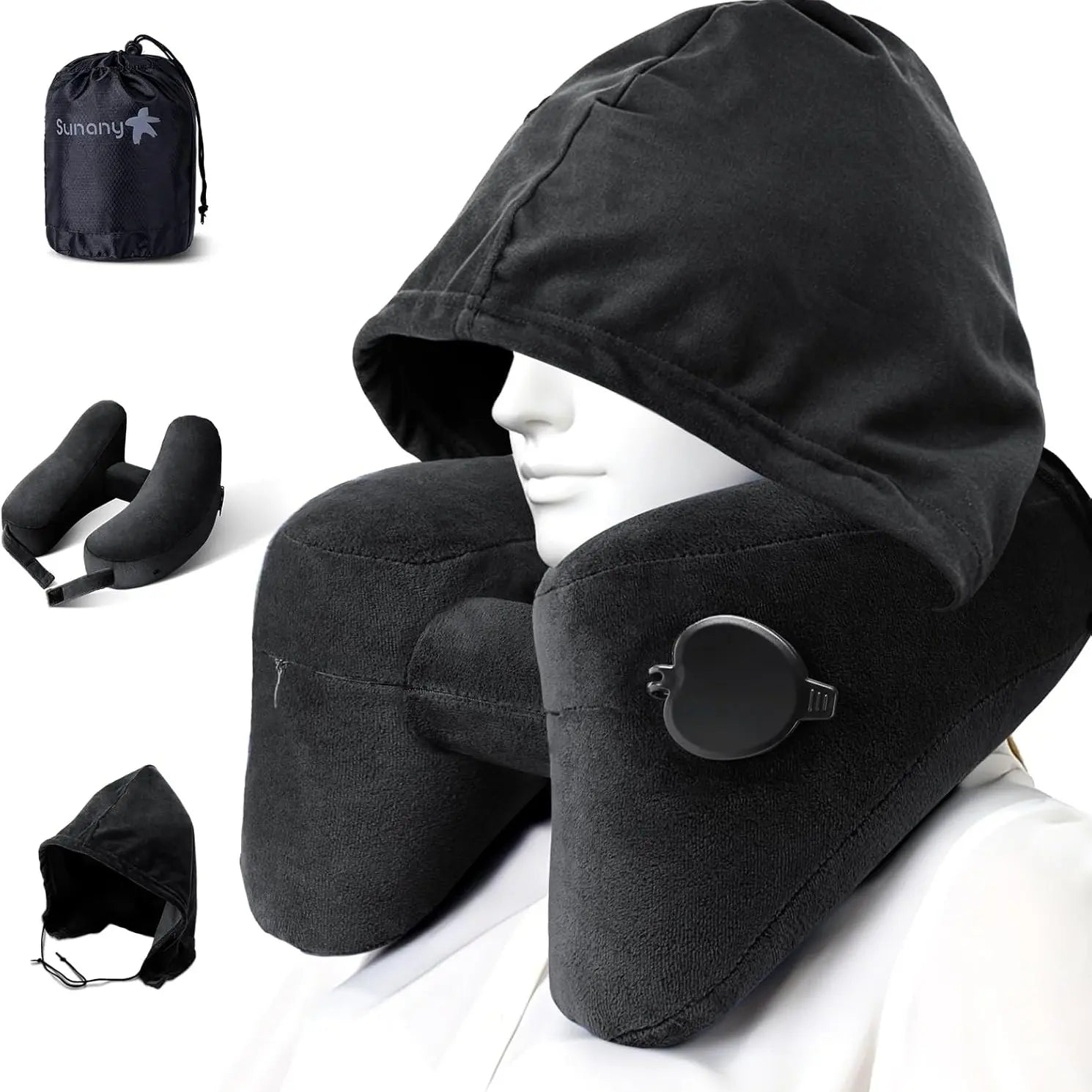 Sunany Ergonomic Inflatable Travel Neck Pillow with Hood - Ideal for Long Flights and Road Trips, Perfect for Office Naps, Grey