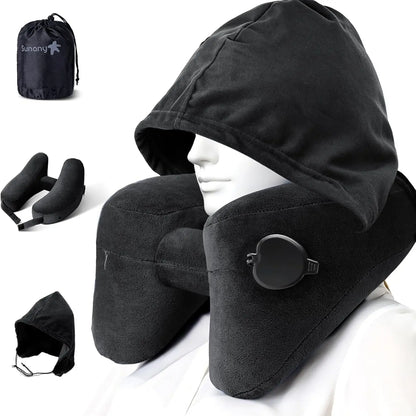 Sunany Ergonomic Inflatable Travel Neck Pillow with Hood - Ideal for Long Flights and Road Trips, Perfect for Office Naps, Grey