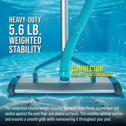 17.5" Heavy-Duty Weighted Pool Vacuum Head with Aluminum Construction - 5.6 lb Manual Inground Vacuum Head with Scrub Bristles and 1-1/2" Swivel Hose Connection