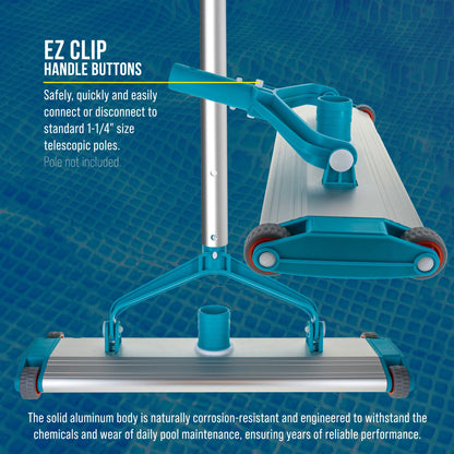 17.5" Heavy-Duty Weighted Pool Vacuum Head with Aluminum Construction - 5.6 lb Manual Inground Vacuum Head with Scrub Bristles and 1-1/2" Swivel Hose Connection