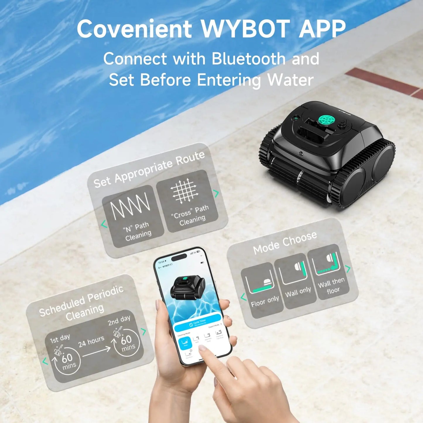 Wybot C1 Cordless Robotic Pool Vacuum for Inground and Above Ground Pools - 4-in-1 Wall & Waterline Cleaning, Coverage up to 1,614 Sq. Ft, 150 Minutes Smart Navigation, App Connectivity, Complimentary Handheld Pool Cleaner Included