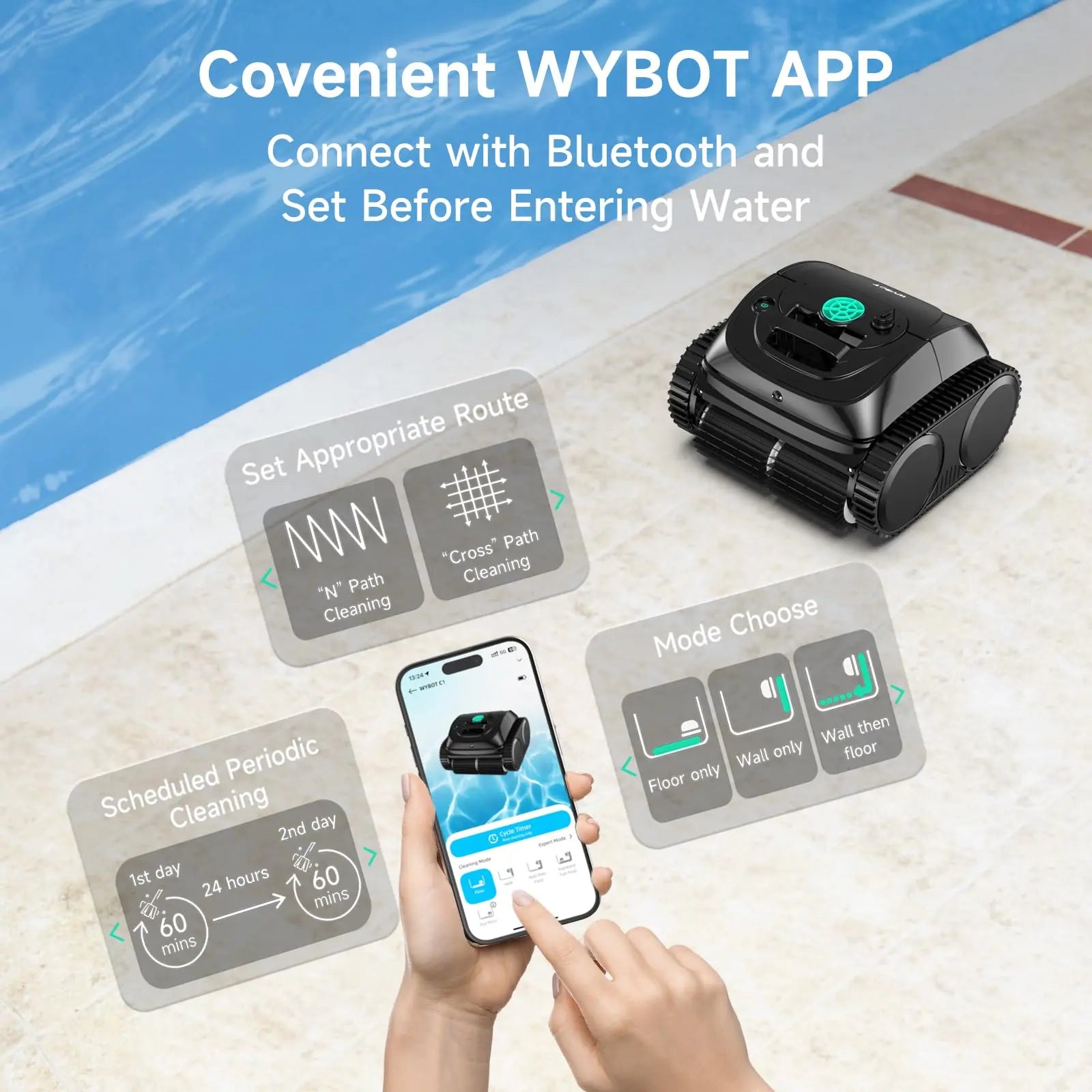 Wybot C1 Cordless Robotic Pool Vacuum for Inground and Above Ground Pools - 4-in-1 Wall & Waterline Cleaning, Coverage up to 1,614 Sq. Ft, 150 Minutes Smart Navigation, App Connectivity, Complimentary Handheld Pool Cleaner Included