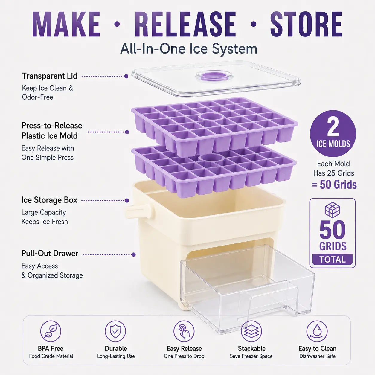 One Press Ice Release Ice Cube Mold, Mess-Free Large Capacity Ice Tray with Drawer for Freezer,Juice Box Mold Items Cute Ice Cubes Maker Ice Cube Maker Ice Cube Maker