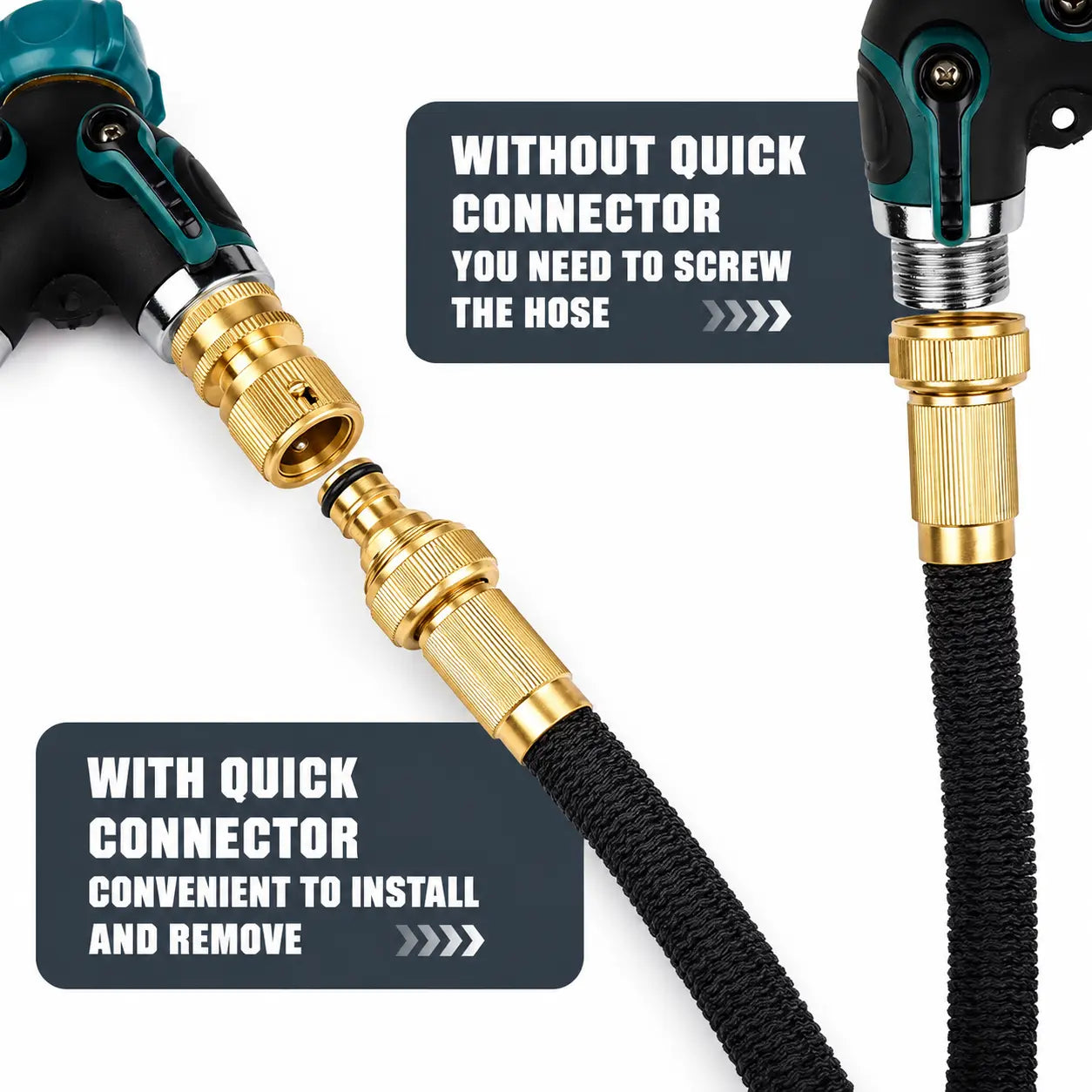 Solid Brass 3/4 Inch GHT Thread Garden Hose Quick Connector, No-Leak Female and Male Adapter