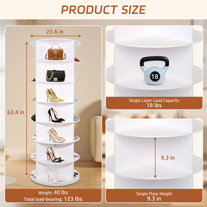 360-Degree Rotating 7-Tier Shoe Organizer Rack, Accommodates 24-28 Pairs, Spinning Round Design for Entryway, Living Room, and Hallway