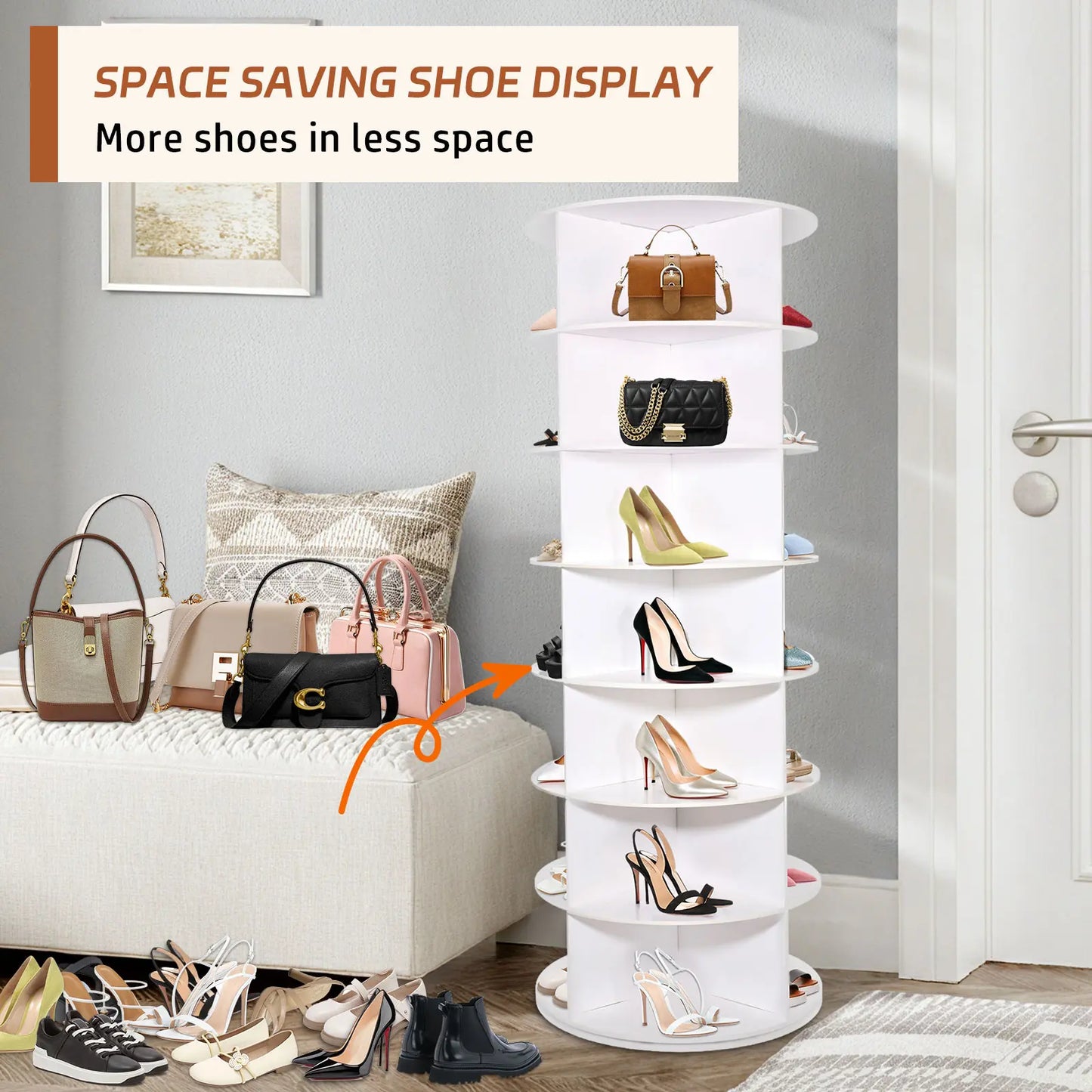 360-Degree Rotating 7-Tier Shoe Organizer Rack, Accommodates 24-28 Pairs, Spinning Round Design for Entryway, Living Room, and Hallway