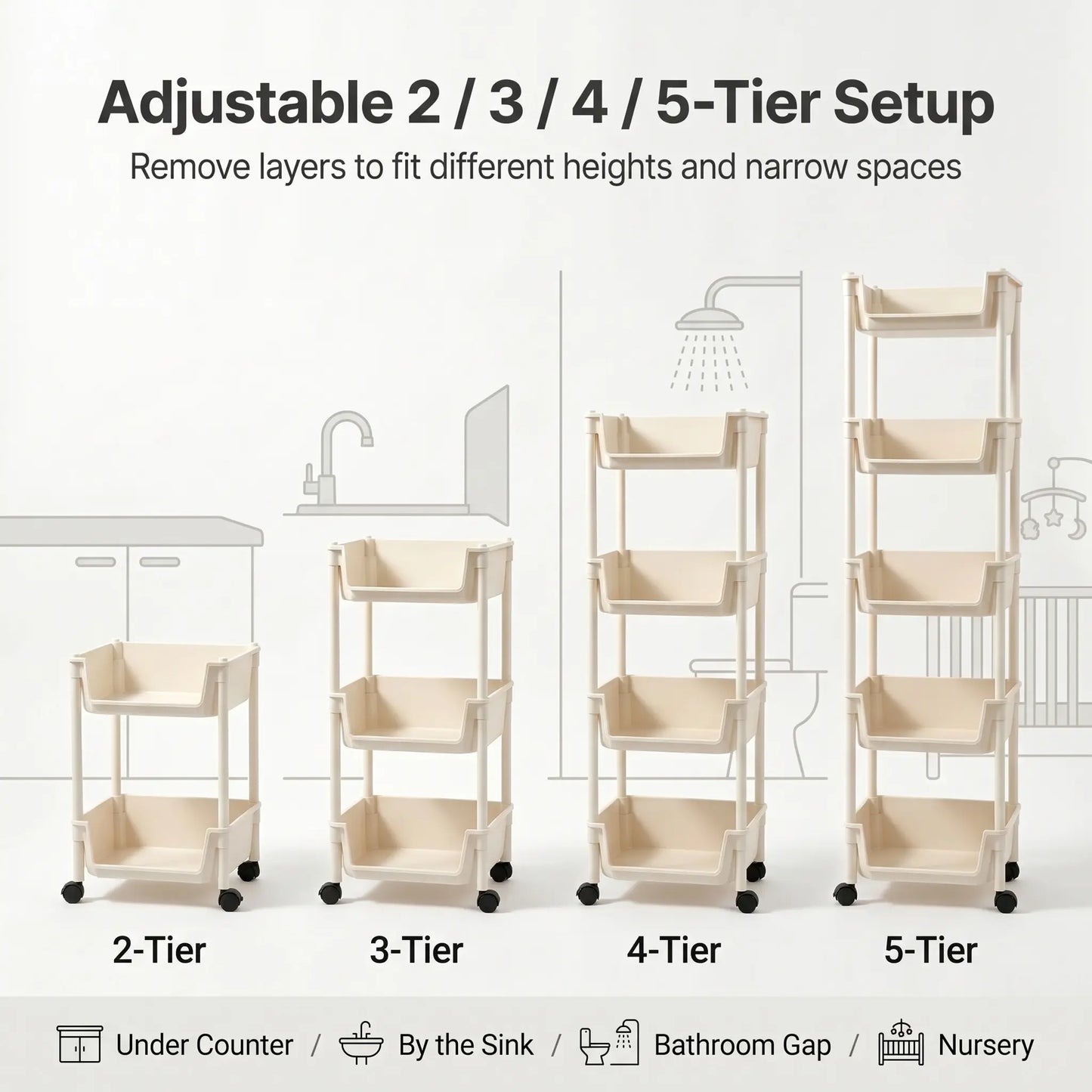 Multi-Layer Rolling Storage Cart with Wheels - Adjustable and Portable Organizer for Home, Ideal for Bedroom, Bathroom, Kitchen, and Living Room - Easy Installation - 2026 Semiannual Sale