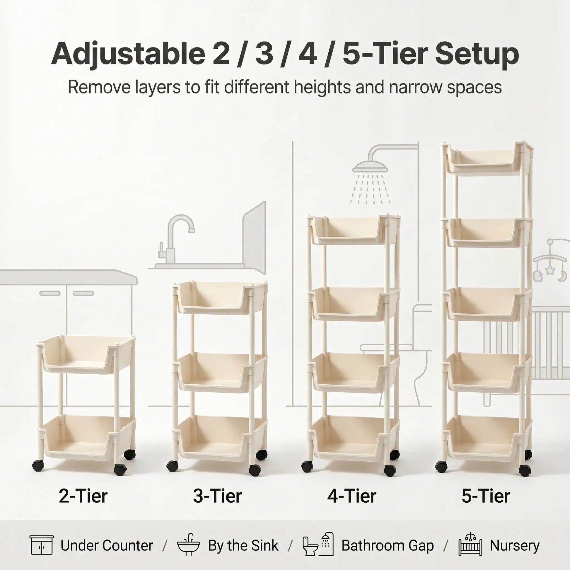 Multi-Layer Rolling Storage Cart with Wheels - Adjustable and Portable Organizer for Home, Ideal for Bedroom, Bathroom, Kitchen, and Living Room - Easy Installation - 2026 Semiannual Sale