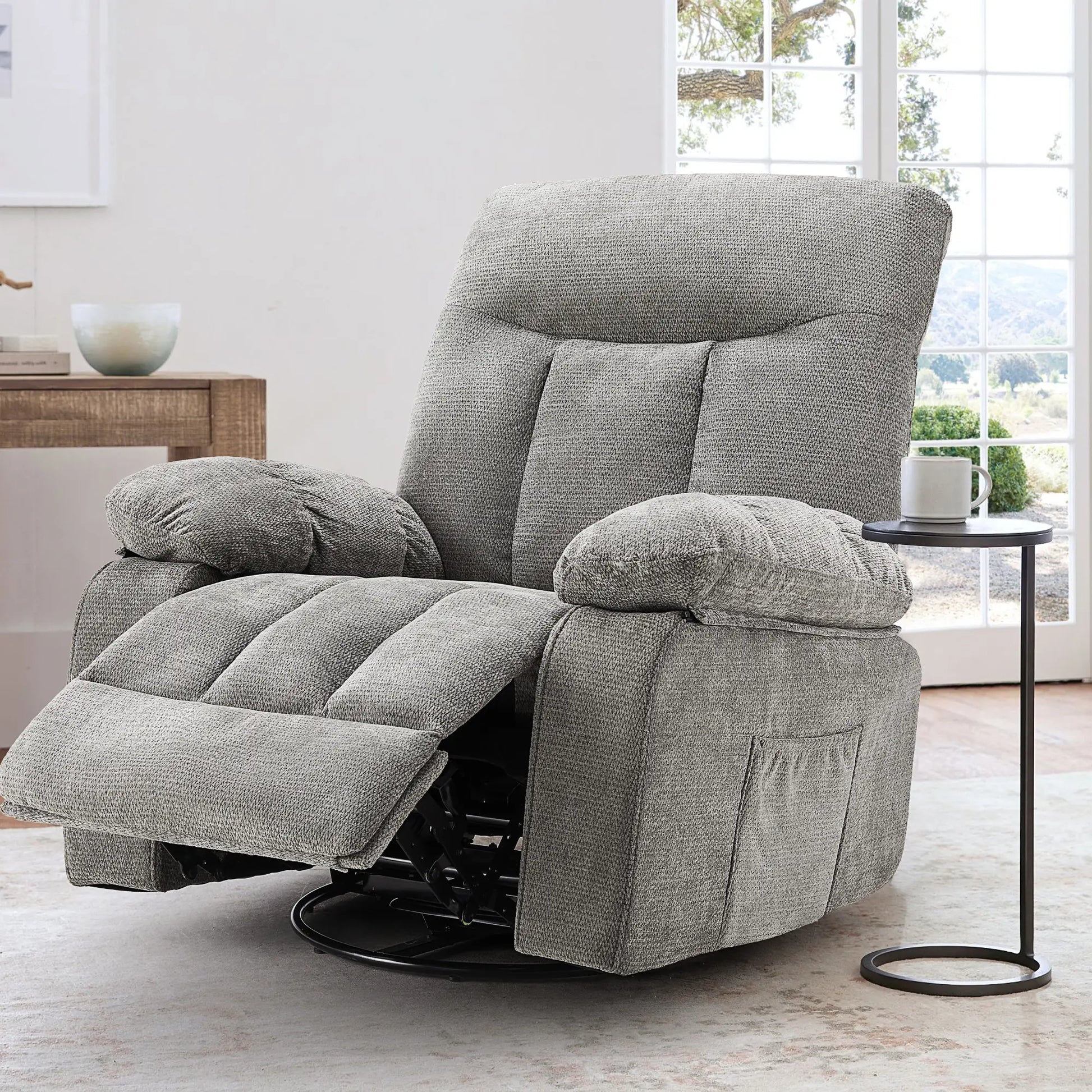 DUMOS Swivel Rocker Recliner Chair with Vibration Massage and Lumbar Heating, 270° Rotating Chenille Fabric Design with Footrest for Living Room and Bedroom