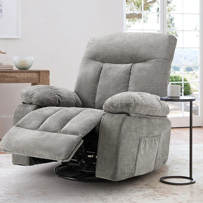DUMOS Swivel Rocker Recliner Chair with Vibration Massage and Lumbar Heating, 270° Rotating Chenille Fabric Design with Footrest for Living Room and Bedroom