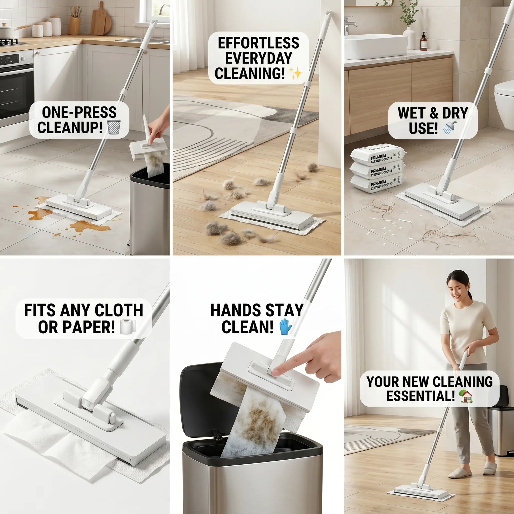 Hands-Free All-Purpose Lazymop: Ideal for Small Gaps, Cabinet and Glass Doors, and Ceilings with One-Touch Clamp for Wipes and Hygienic No-Touch Disposal. The Effortless and Versatile Cleaning Tool for a Spotless Home.