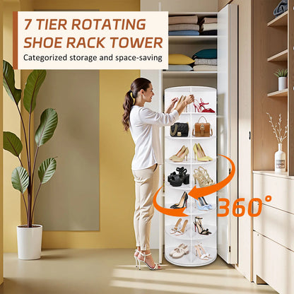 360-Degree Rotating 7-Tier Shoe Organizer Rack, Accommodates 24-28 Pairs, Spinning Round Design for Entryway, Living Room, and Hallway