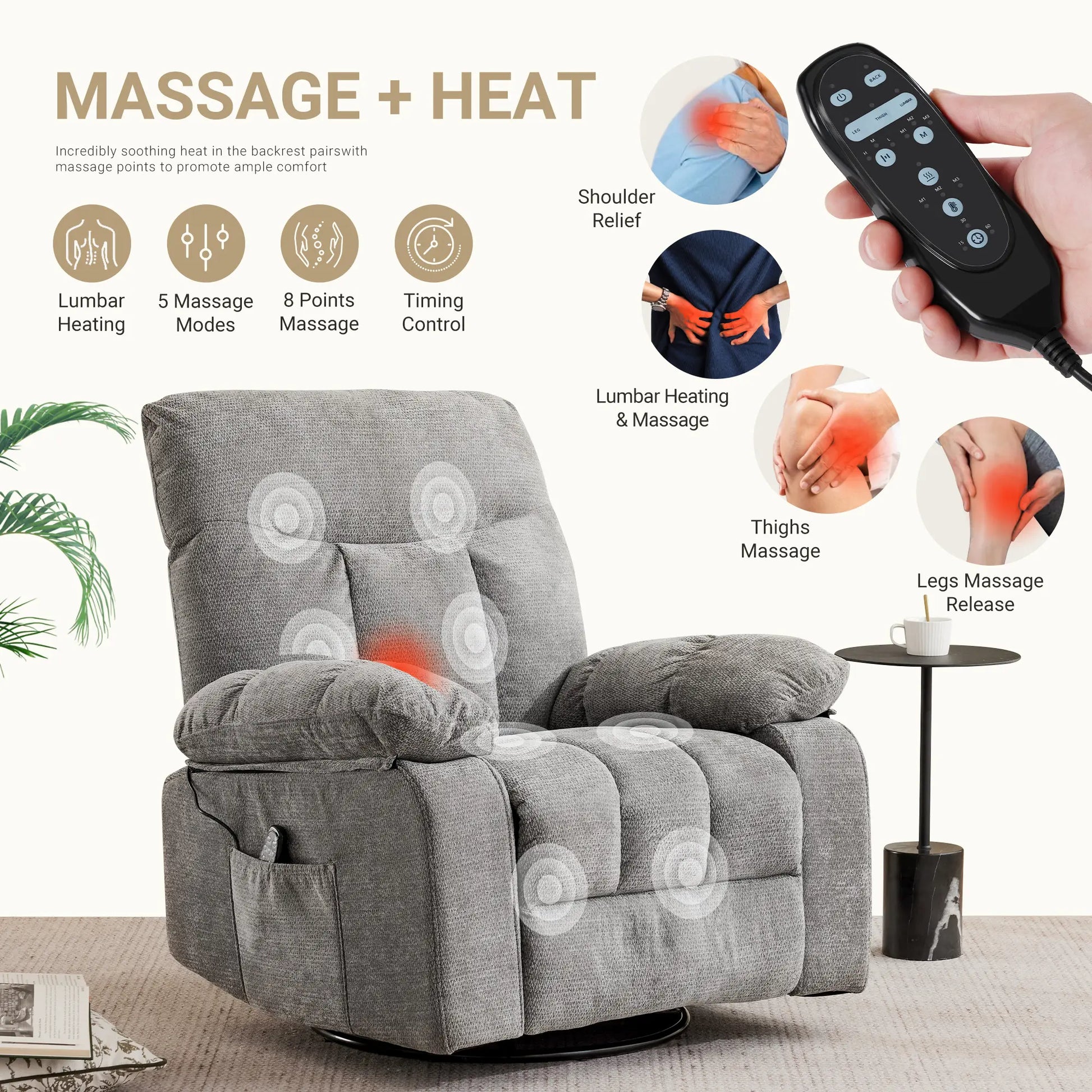 DUMOS Swivel Rocker Recliner Chair with Vibration Massage and Lumbar Heating, 270° Rotating Chenille Fabric Design with Footrest for Living Room and Bedroom