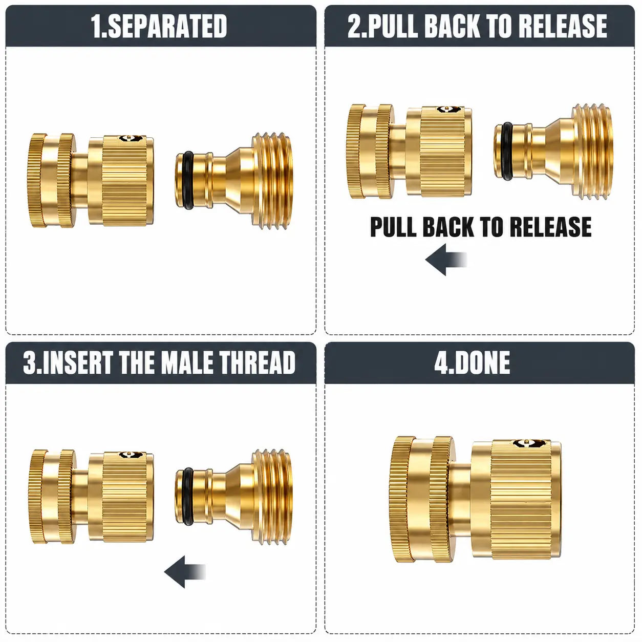 Solid Brass 3/4 Inch GHT Thread Garden Hose Quick Connector, No-Leak Female and Male Adapter