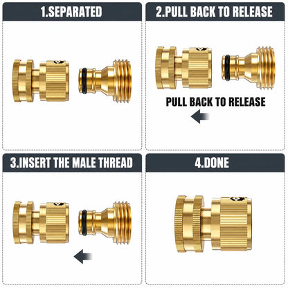 Solid Brass 3/4 Inch GHT Thread Garden Hose Quick Connector, No-Leak Female and Male Adapter