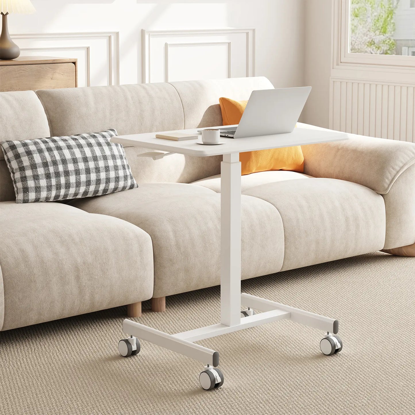 Dumos Adjustable Mobile Rolling Standing Desk with Ergonomic Features and Built-In Wheels - Versatile Overbed Solution for Home Office, Teacher Use, and Laptop Workstations
