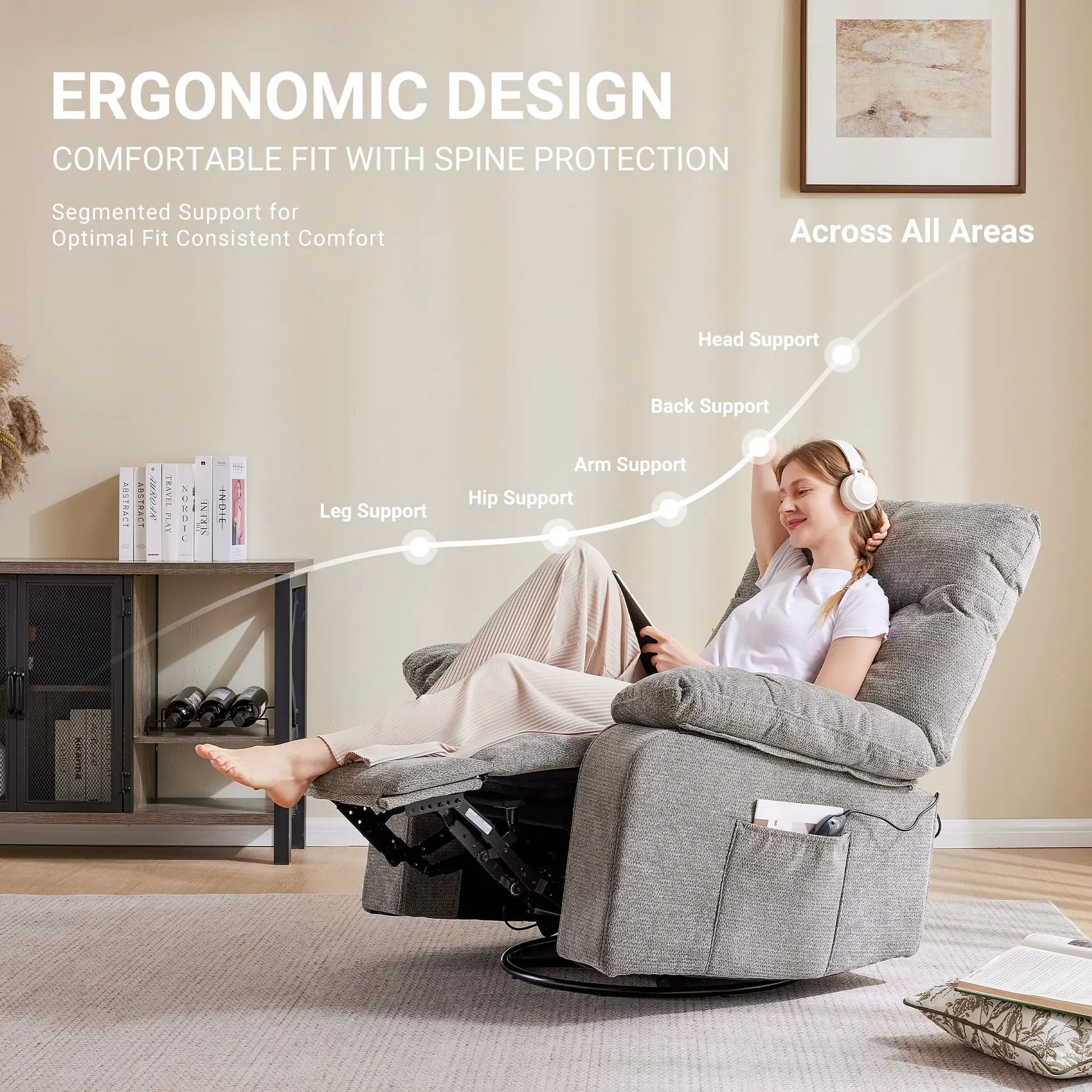 DUMOS Swivel Rocker Recliner Chair with Vibration Massage and Lumbar Heating, 270° Rotating Chenille Fabric Design with Footrest for Living Room and Bedroom