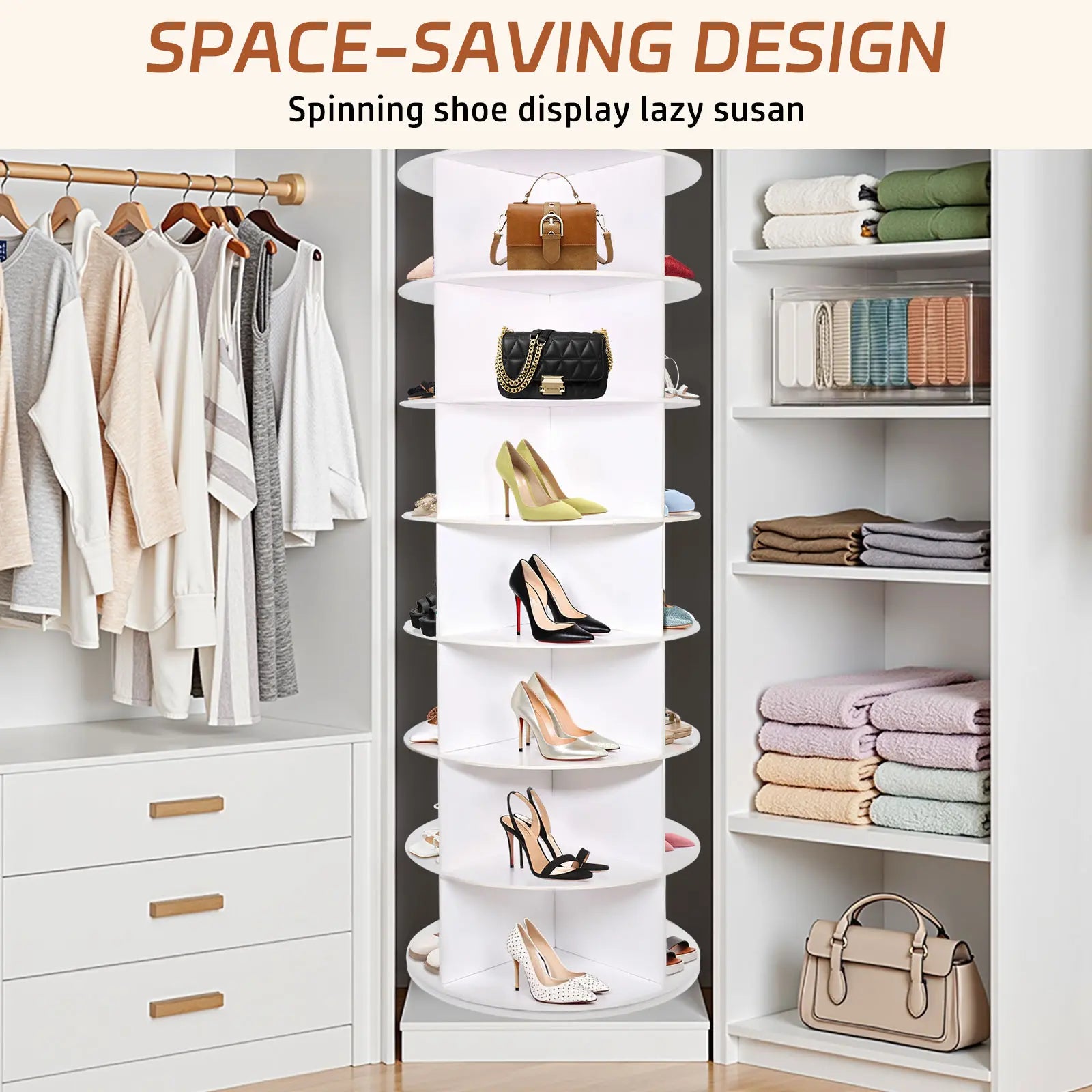 360-Degree Rotating 7-Tier Shoe Organizer Rack, Accommodates 24-28 Pairs, Spinning Round Design for Entryway, Living Room, and Hallway