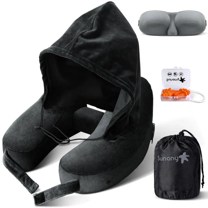 Sunany Ergonomic Inflatable Travel Neck Pillow with Hood - Ideal for Long Flights and Road Trips, Perfect for Office Naps, Grey