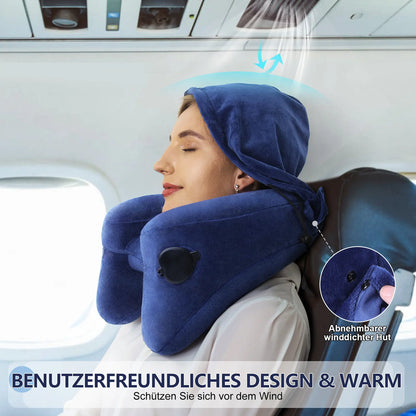 Sunany Ergonomic Inflatable Travel Neck Pillow with Hood - Ideal for Long Flights and Road Trips, Perfect for Office Naps, Grey