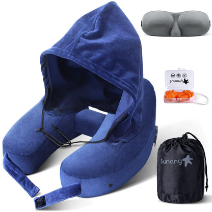 Sunany Ergonomic Inflatable Travel Neck Pillow with Hood - Ideal for Long Flights and Road Trips, Perfect for Office Naps, Grey