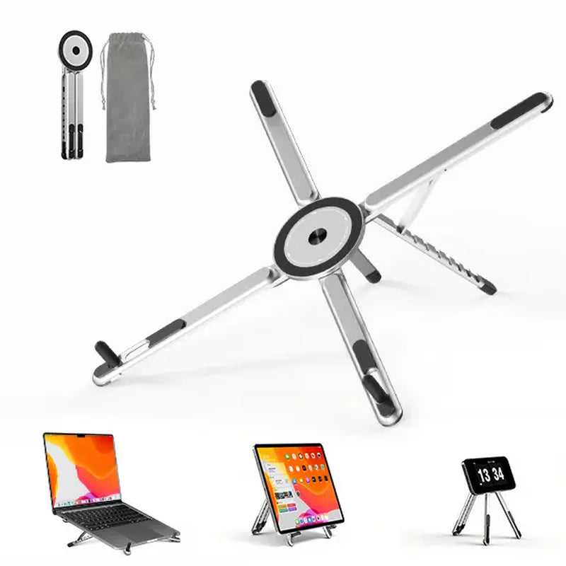 Viozon Adjustable Portable Laptop Stand with Magnetic Phone Holder, Aluminum Riser for 10–16” Laptops and 4–13” Phones/Tablets (Silver)