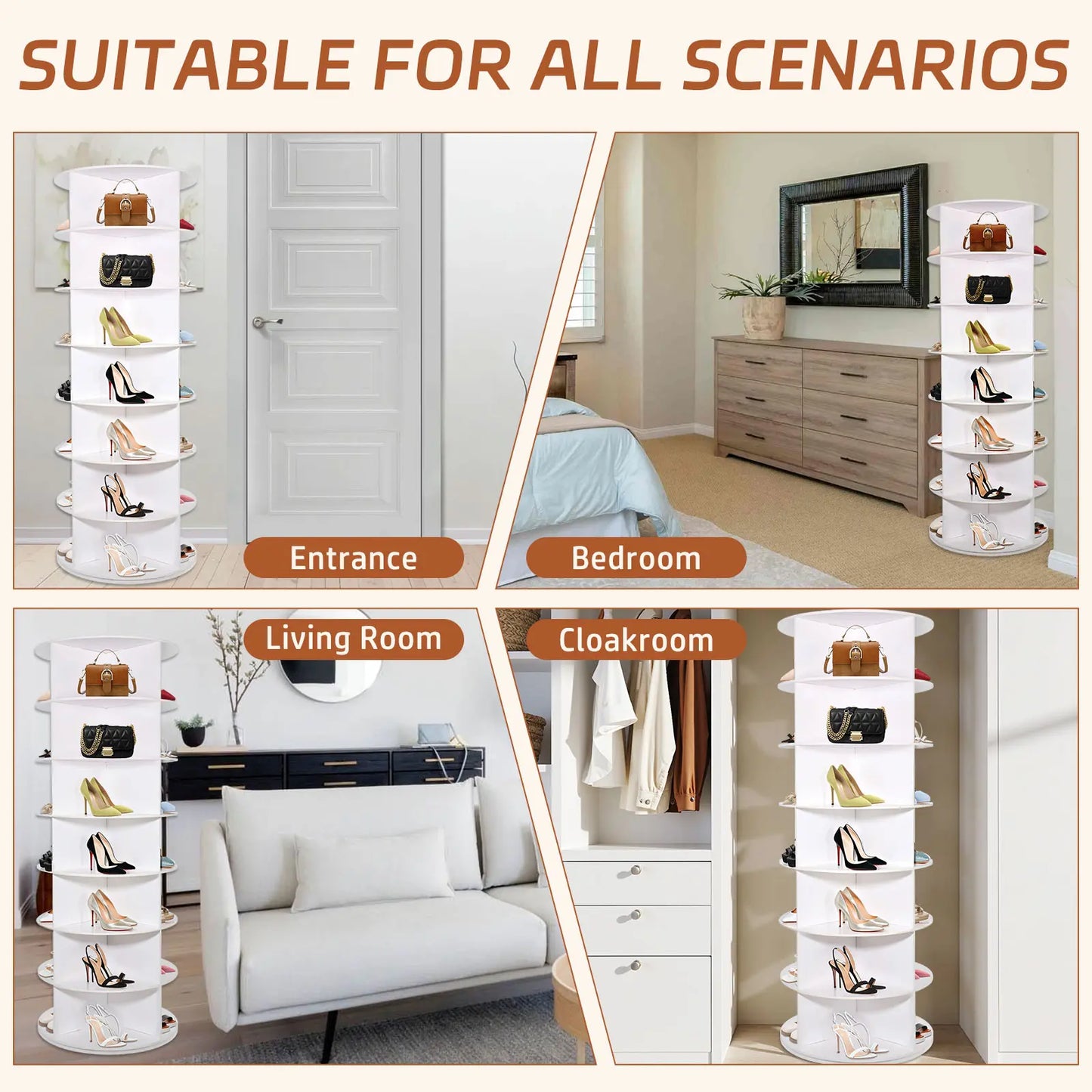 360-Degree Rotating 7-Tier Shoe Organizer Rack, Accommodates 24-28 Pairs, Spinning Round Design for Entryway, Living Room, and Hallway