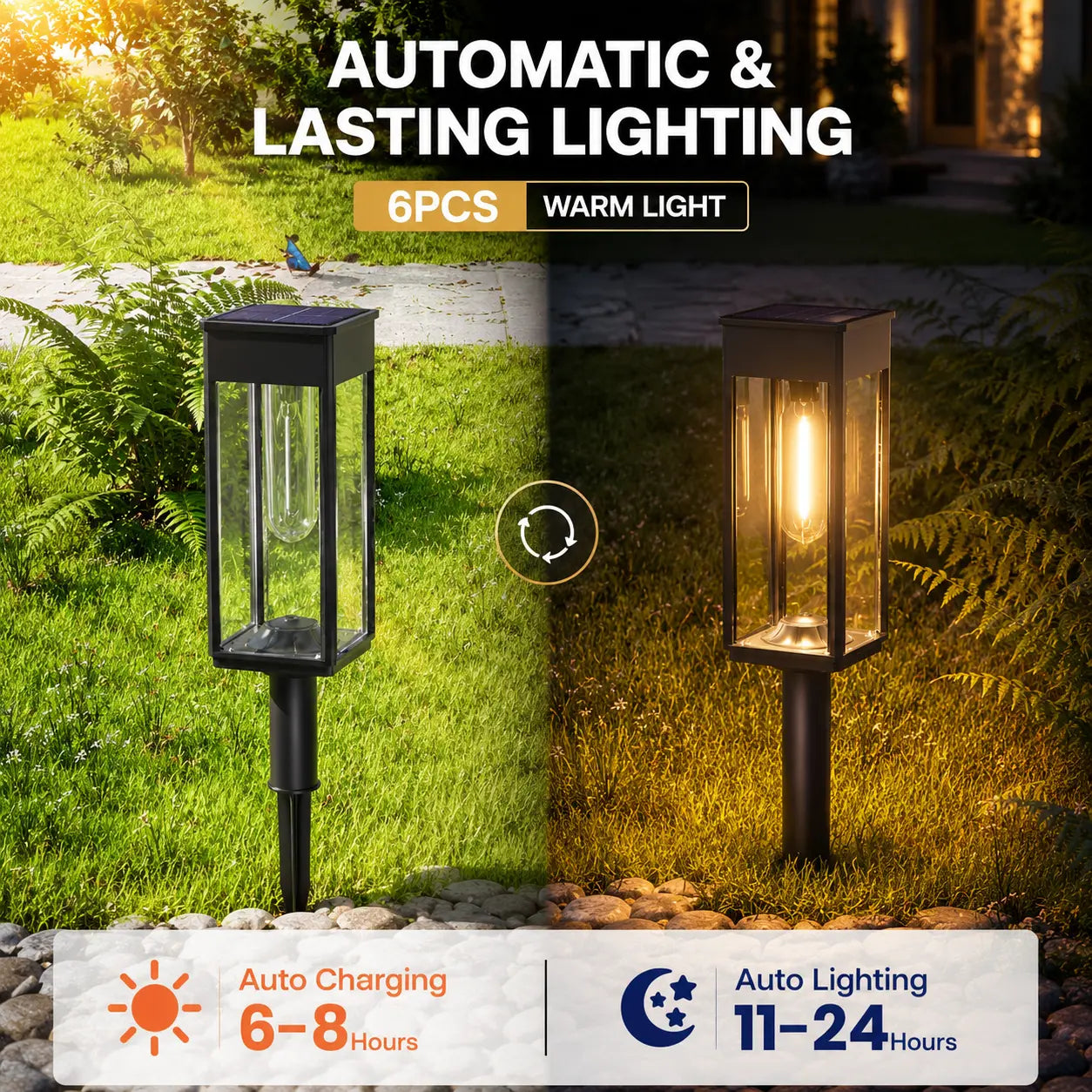 6-Pack Waterproof Solar Pathway Lights with Warm White Illumination, Automatic On/Off Function for Outdoor Walkways, Yards, Driveways, Patios, and Flower Beds