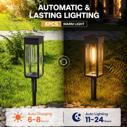 6-Pack Waterproof Solar Pathway Lights with Warm White Illumination, Automatic On/Off Function for Outdoor Walkways, Yards, Driveways, Patios, and Flower Beds