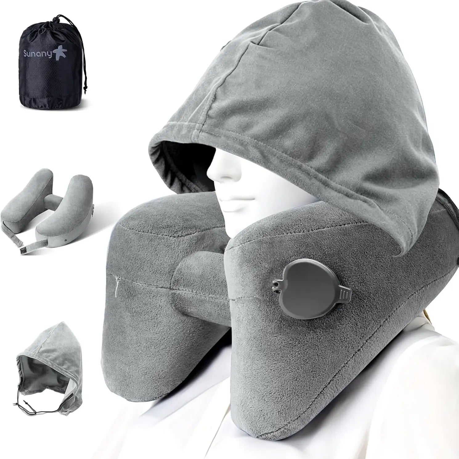 Sunany Ergonomic Inflatable Travel Neck Pillow with Hood - Ideal for Long Flights and Road Trips, Perfect for Office Naps, Grey