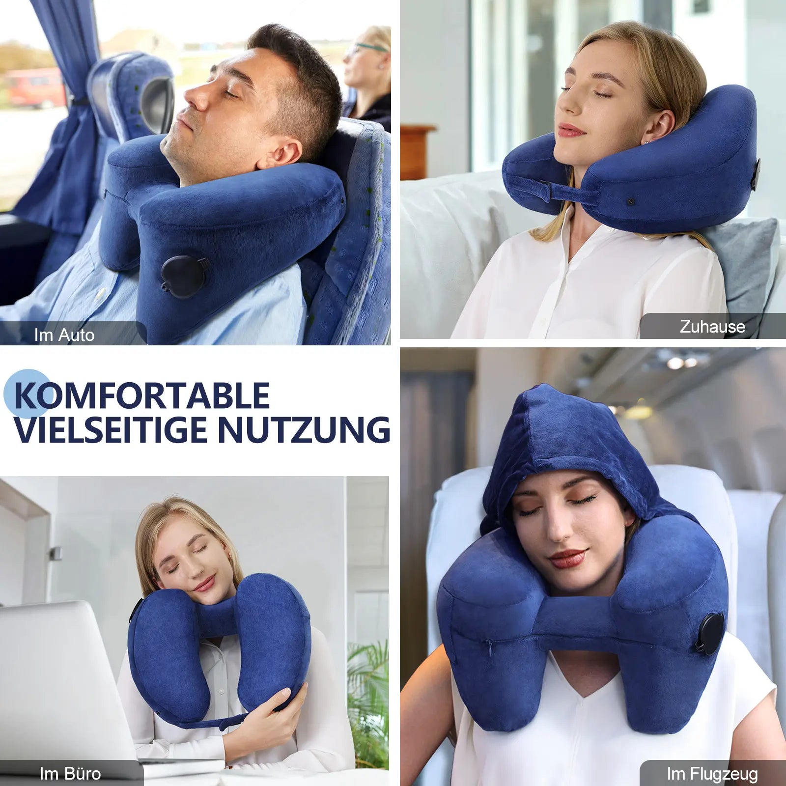 Sunany Ergonomic Inflatable Travel Neck Pillow with Hood - Ideal for Long Flights and Road Trips, Perfect for Office Naps, Grey