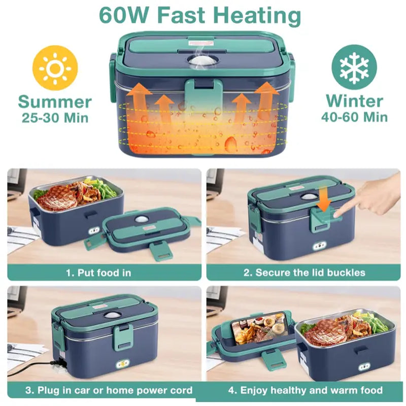 TOIAMOI 2L Portable Electric Lunch Box, 110V/12V Car & Home Dual Use, PTC Heating & 304 Stainless Steel, 90W Quick Food Warmer Heated Lunch Box, Leakproof Food Heater for Office