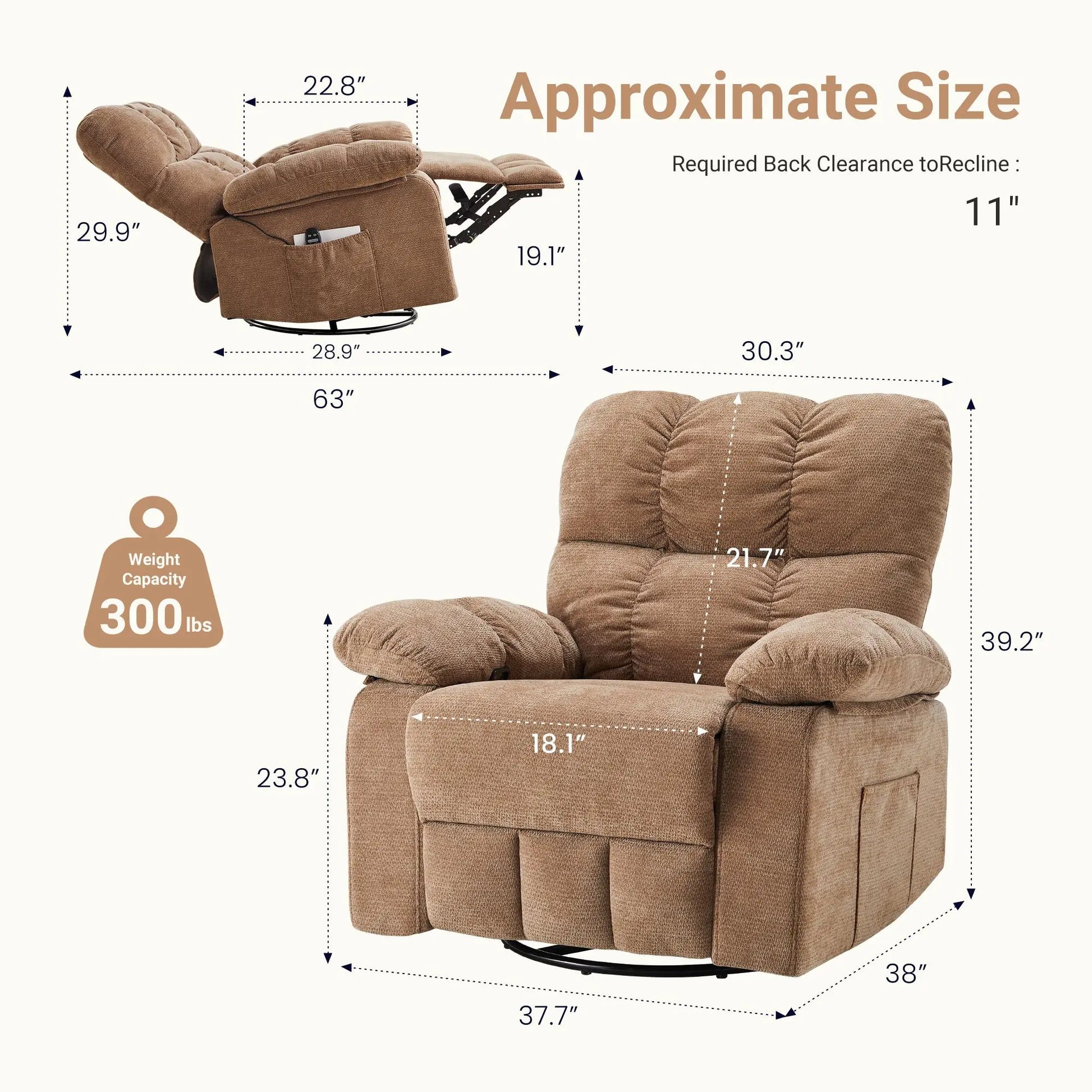 DUMOS Swivel Rocker Recliner Chair with Vibration Massage and Lumbar Heating, 270° Rotating Chenille Fabric Design with Footrest for Living Room and Bedroom