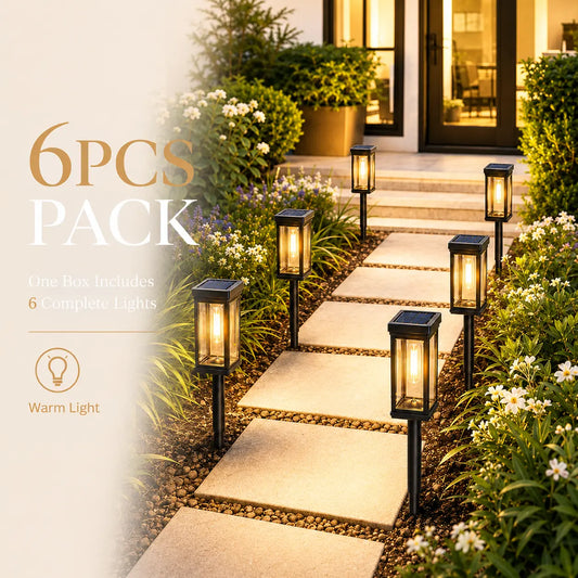 6-Pack Waterproof Solar Pathway Lights with Warm White Illumination, Automatic On/Off Function for Outdoor Walkways, Yards, Driveways, Patios, and Flower Beds