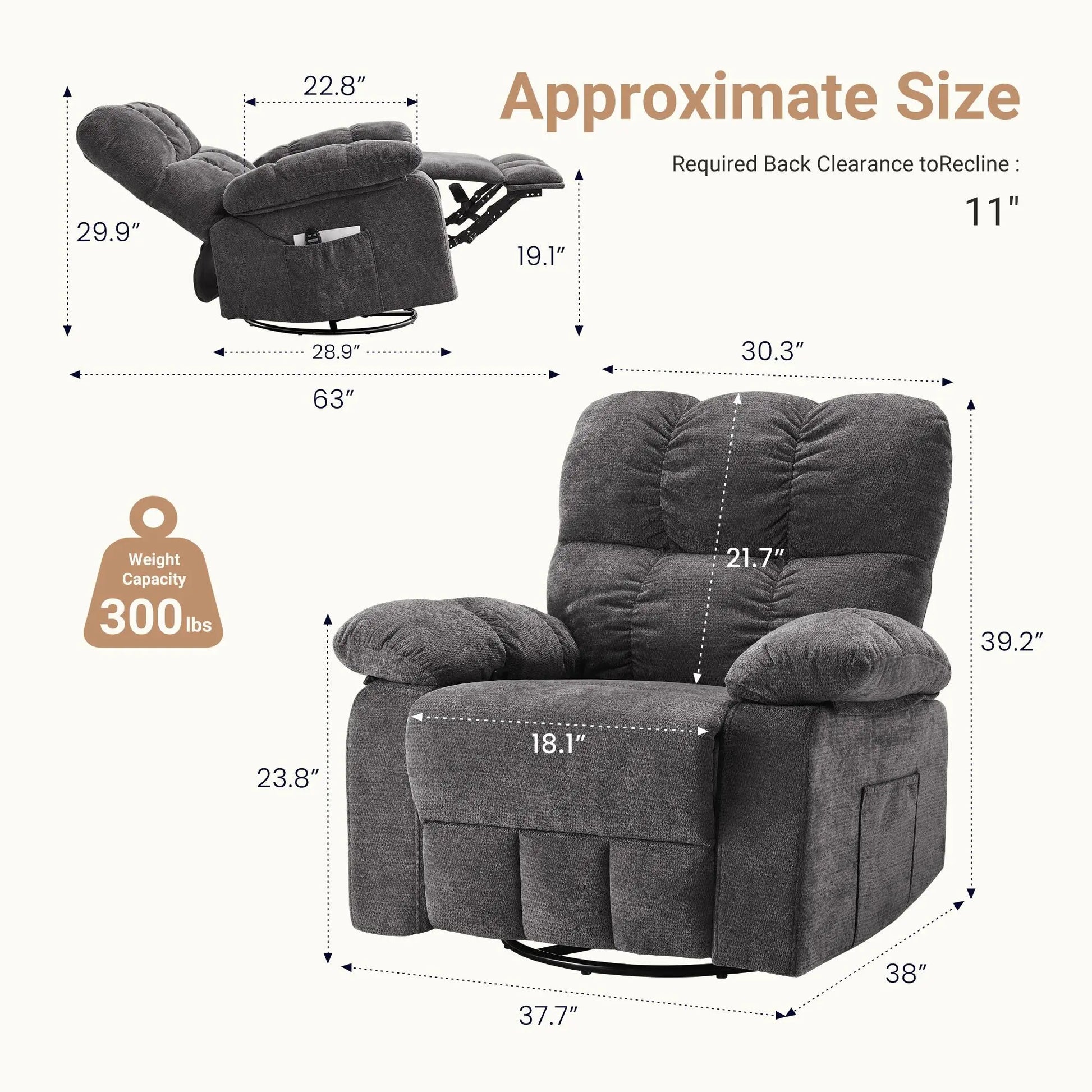 DUMOS Swivel Rocker Recliner Chair with Vibration Massage and Lumbar Heating, 270° Rotating Chenille Fabric Design with Footrest for Living Room and Bedroom