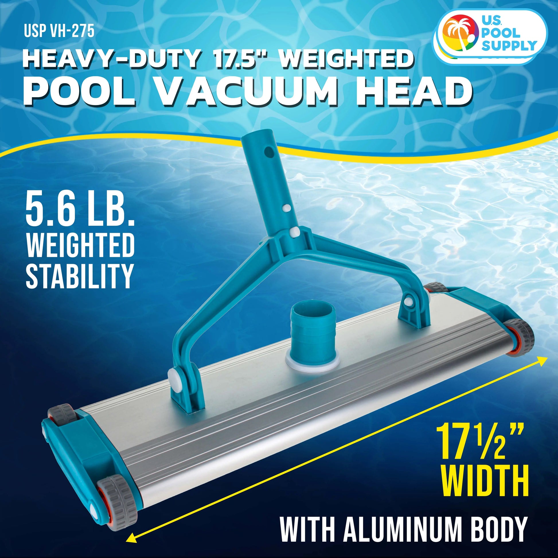 17.5" Heavy-Duty Weighted Pool Vacuum Head with Aluminum Construction - 5.6 lb Manual Inground Vacuum Head with Scrub Bristles and 1-1/2" Swivel Hose Connection