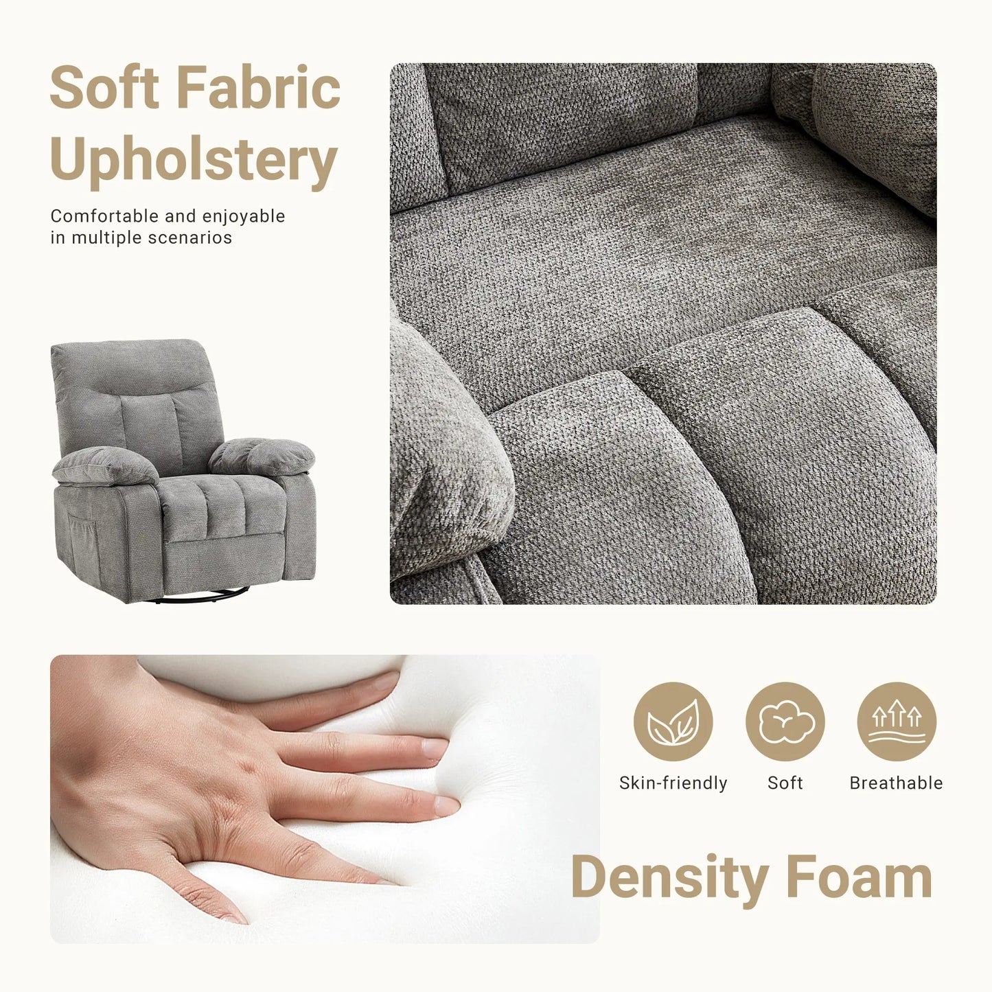 DUMOS Swivel Rocker Recliner Chair with Vibration Massage and Lumbar Heating, 270° Rotating Chenille Fabric Design with Footrest for Living Room and Bedroom