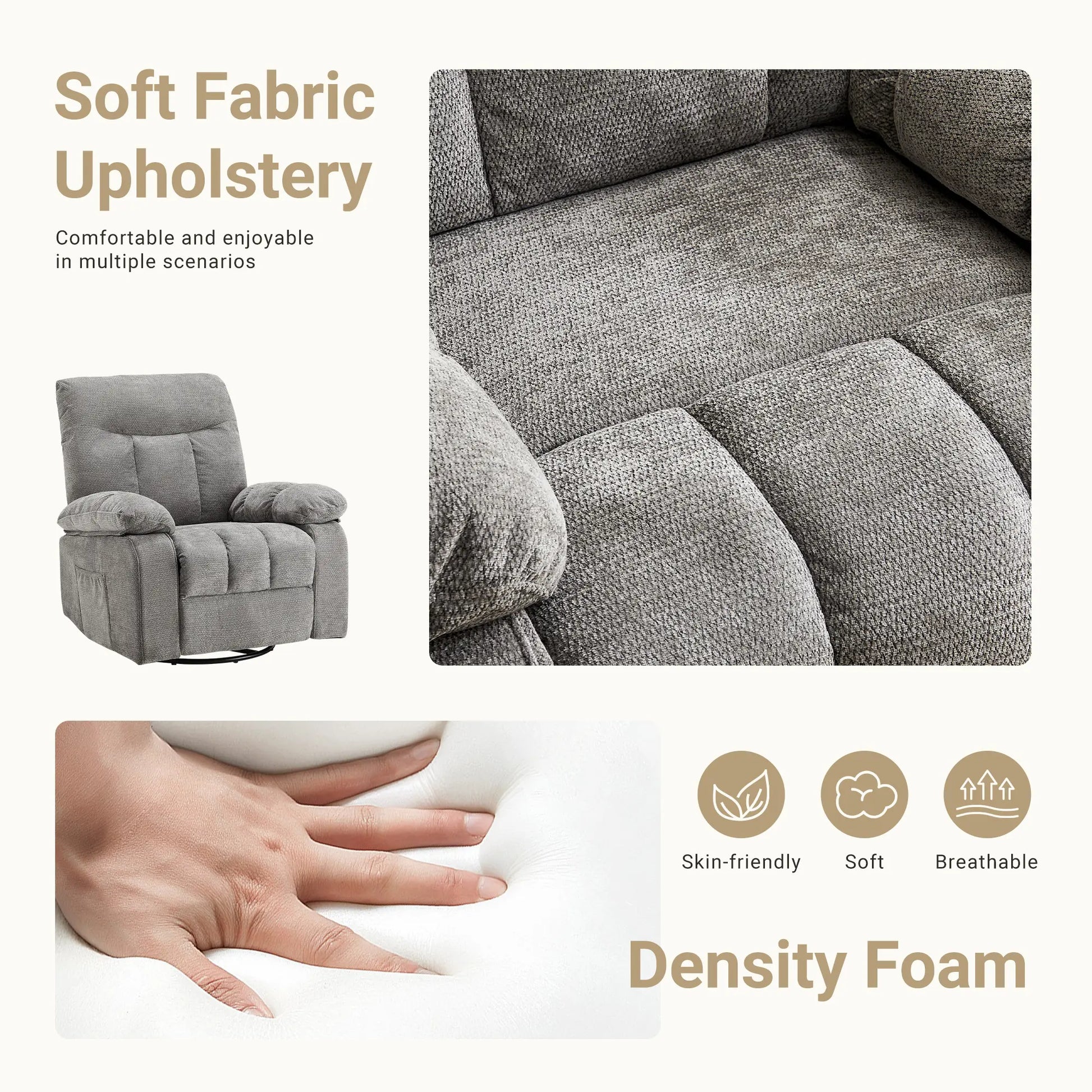 DUMOS Swivel Rocker Recliner Chair with Vibration Massage and Lumbar Heating, 270° Rotating Chenille Fabric Design with Footrest for Living Room and Bedroom