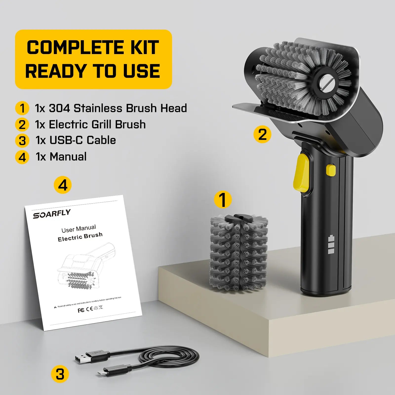 SOARFLY G9 Electric Grill Brush, Cordless Grill Cleaner with 600RPM Motor & Safety Locks, Includes Two 304 Stainless Steel Brush Heads, Compact Design for Narrow Spaces and Corners, Summerwins , Dealsforyoudays