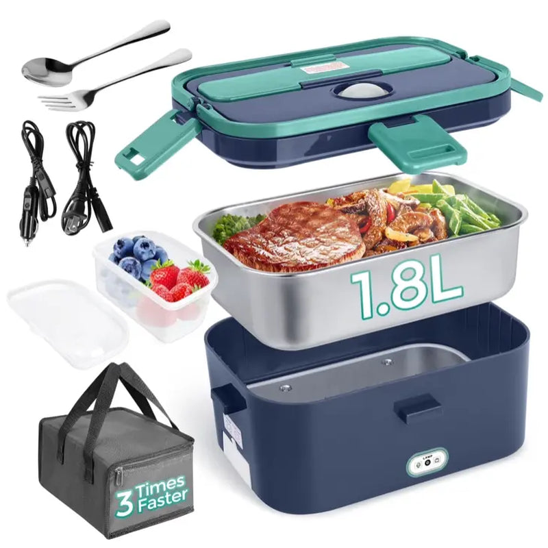 TOIAMOI 2L Portable Electric Lunch Box, 110V/12V Car & Home Dual Use, PTC Heating & 304 Stainless Steel, 90W Quick Food Warmer Heated Lunch Box, Leakproof Food Heater for Office