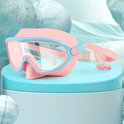 RODEWIIL Premium Oversized Swim Goggles - Anti-Fog, High-Definition Clarity, Adjustable Strap, Comfort Cushions - Pink Frame with Blue Silicone Cushions, Ideal for Outdoor Swimming and Beach Use, Stylish and Secure Fit