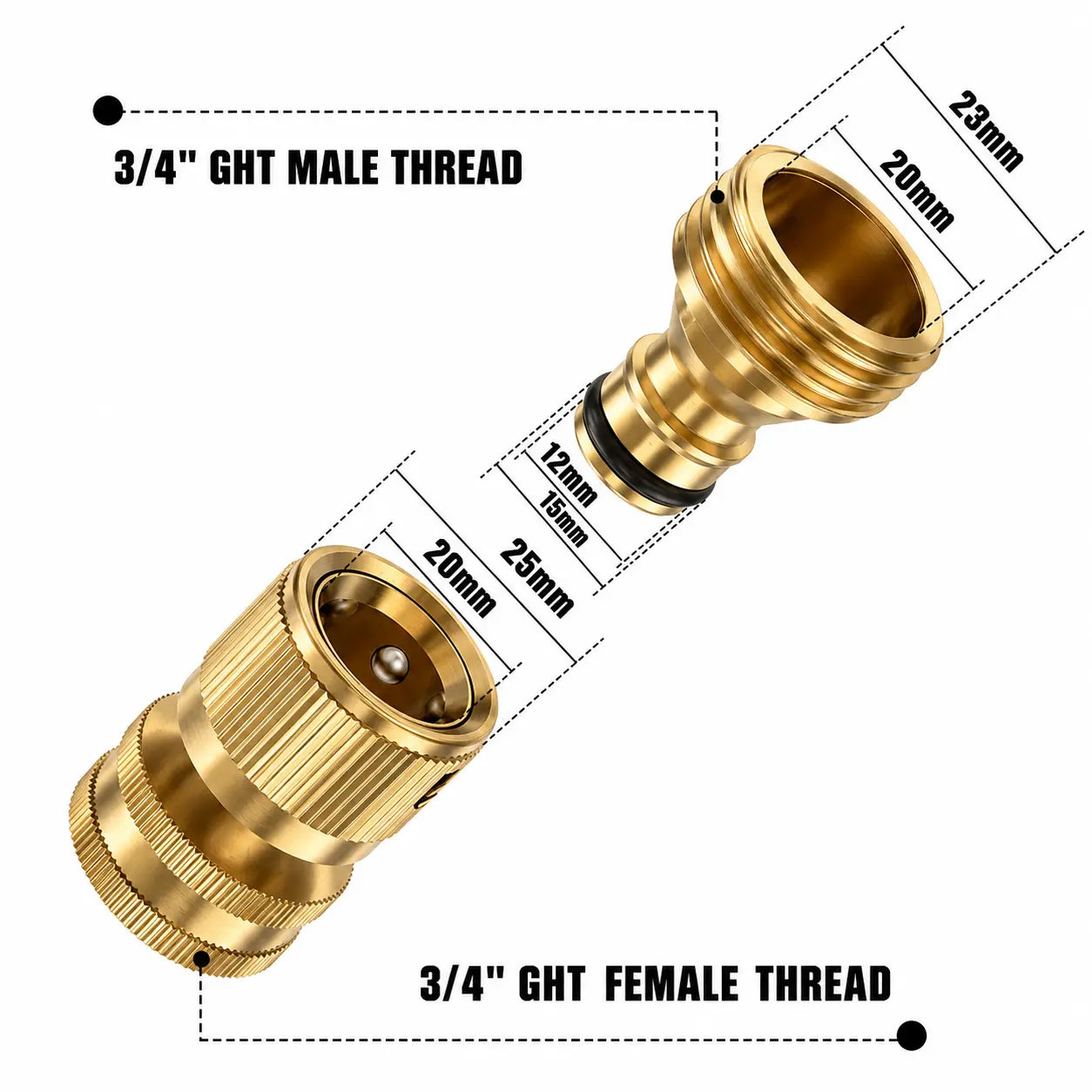 Solid Brass 3/4 Inch GHT Thread Garden Hose Quick Connector, No-Leak Female and Male Adapter