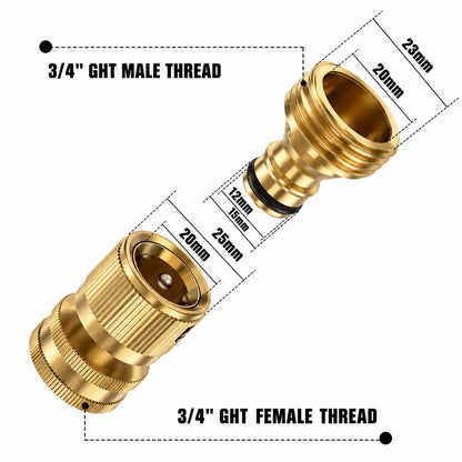 Solid Brass 3/4 Inch GHT Thread Garden Hose Quick Connector, No-Leak Female and Male Adapter