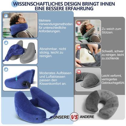 Sunany Ergonomic Inflatable Travel Neck Pillow with Hood - Ideal for Long Flights and Road Trips, Perfect for Office Naps, Grey